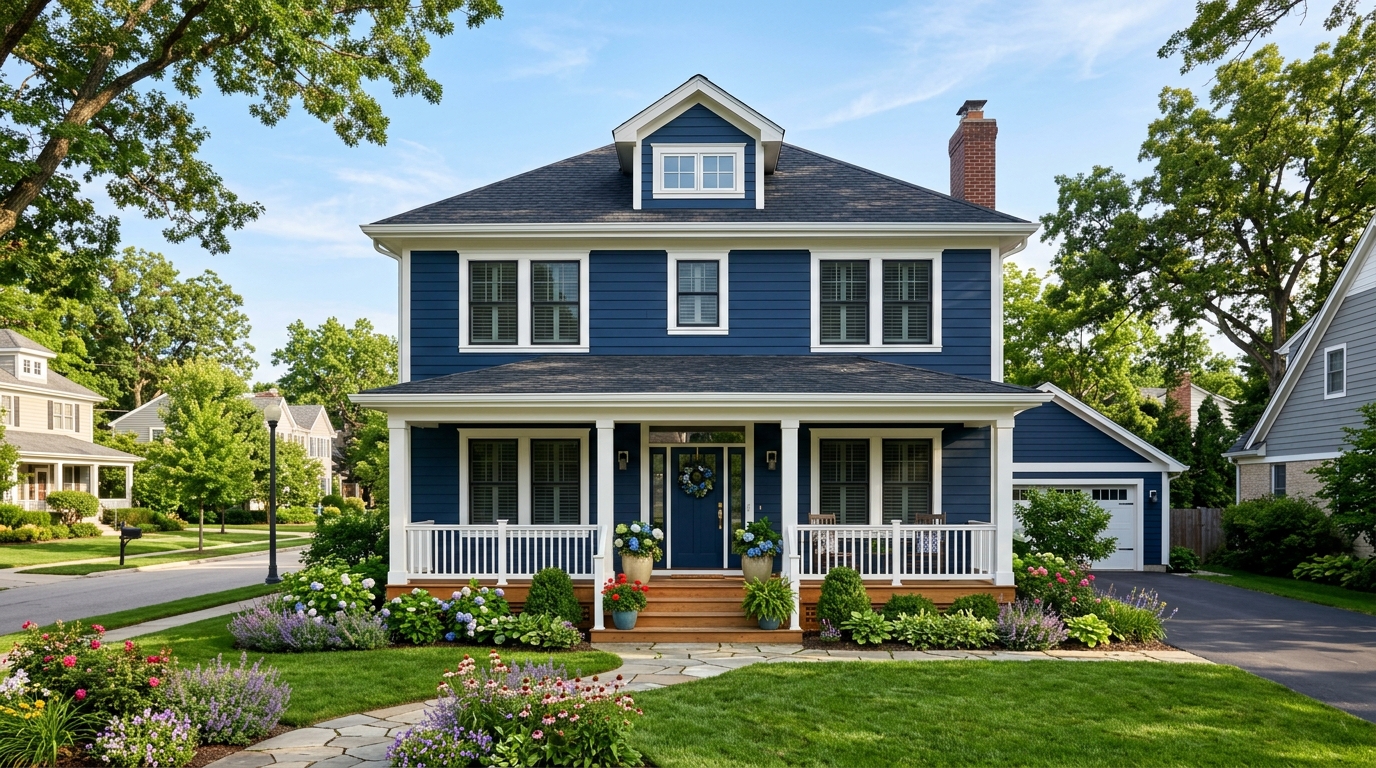 Craftsman home with fresh deep navy siding, crisp white trim, and beautiful landscaping on a sunny day
