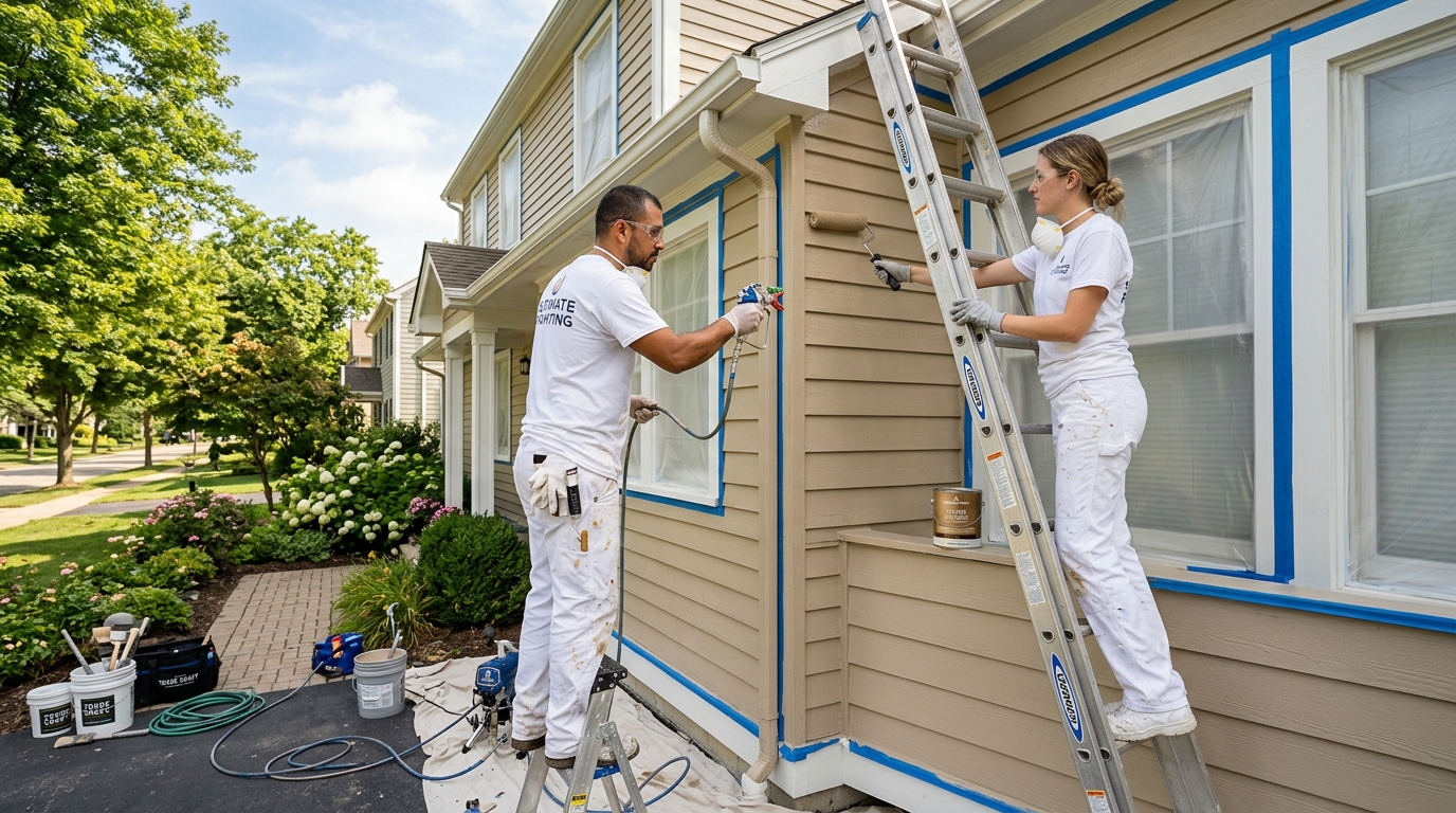 Professional exterior painters spray-and-backrolling siding with clean protective window masking on a sunny morning